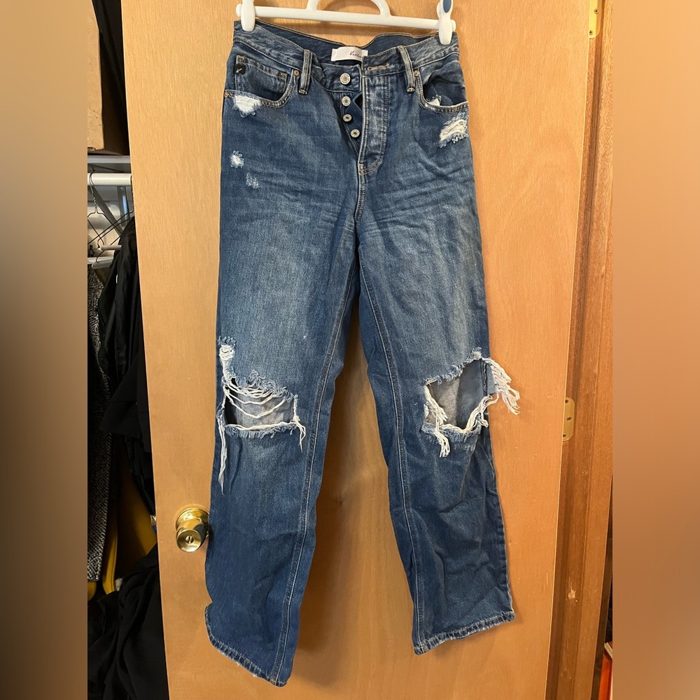 High rise straight leg distressed jeans